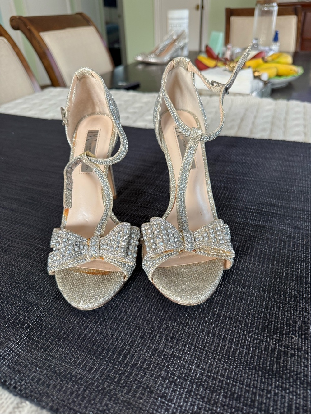 INC International Concepts Silver Crystal Bow T-Strap Heels
